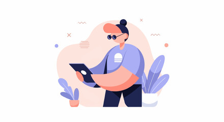 Obraz premium Person in purple shirt and glasses using tablet near potted plants