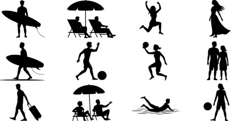 Summer beach activity silhouettes collection, surfing, vacation travel, sports, family leisure, seaside lifestyle people black silhouette vector illustration set