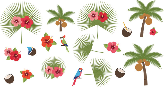 Tropical Palm Trees, Hibiscus Flowers, and Parrot Illustrations with Coconut Elements, Ideal for Summer Designs, Beach Decor, and Exotic Patterns