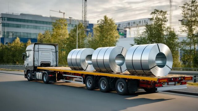 273Metal steel coils secured with chains on flatbed truck trailer, heavy industrial cargo ready for transport, industrial logistics and supply chain operation, modern highway environm