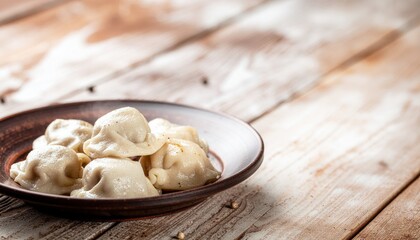 Fototapeta premium A rustic plate of dumplings on a wooden table, capturing a cozy and inviting atmosphere.