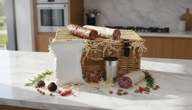 Gourmet Mediterranean food hamper with raw ingredients