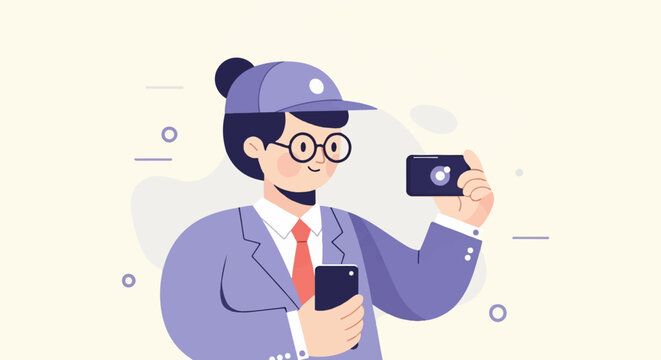 Person in suit and cap taking photos with two devices