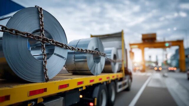 276Close-up of heavy steel coils on truck trailer, chains and securing straps in sharp focus, logistics and manufacturing supply chain context, highway background slightly blurred, in