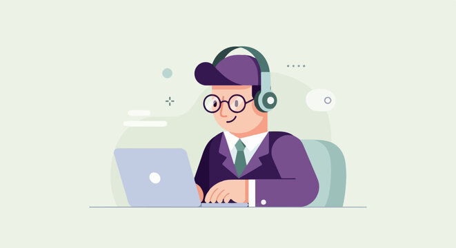 Person in purple suit wearing headphones, typing on laptop