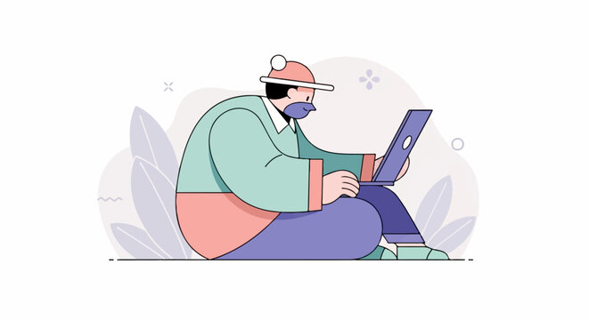 Person in stylized attire sits cross-legged with a laptop