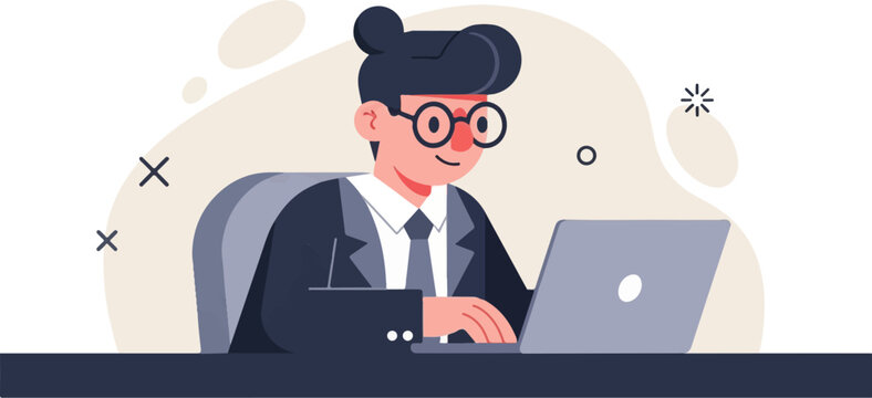 Person in suit and glasses working on laptop with abstract shapes