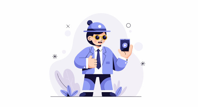 Person in suit and hat holding smartphone, giving thumbs up, with abstract shapes