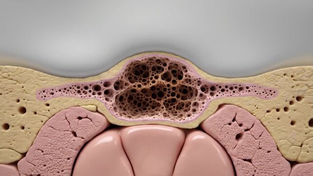 Molar Infection Close-Up \'96 decay inside back tooth visualized in detailed clinical macro perspective, cross-sectional view of a molar with subtle internal discoloration indicating decay