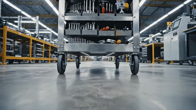 Video rolling tool cart moving through workshop aisle with wheel motion blur, industrial workspace concept for manufacturing branding, maintenance services and professional trade visuals.