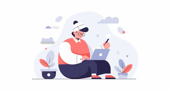 Person in hat, glasses, and vest works on laptop and holds stylus