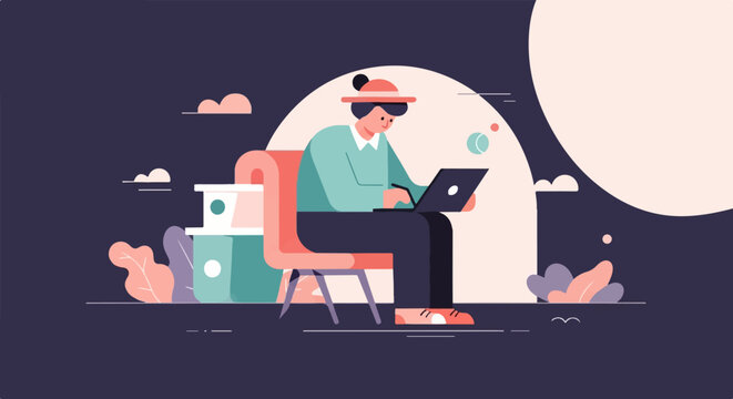 Person in hat on chair working on laptop surrounded by plants and abstract shapes