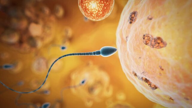 Tracking shot of sperm cell swimming toward egg inside fallopian tube with warm microscopic closeup view
