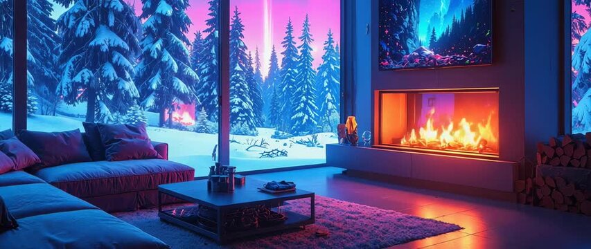Winter Getaway And Cozy Living Concept Interior Of Modern Living Room With Fireplace And Snowy Forest View Holiday.