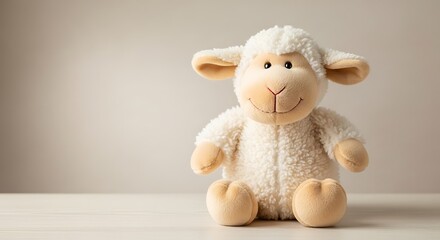 Fototapeta premium Adorable, plush sheep toy sits on a white surface, smiling. Warm tones, clean background