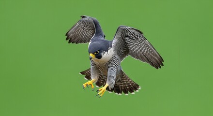 Fototapeta premium Close-up of a Peregrine Falcon in Flight with Green Background