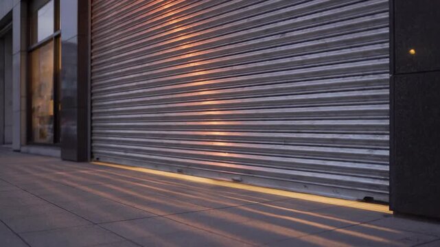 This video features a store closing shutter descending with smooth metal roll motion at end of day, capturing retail shutdown routine, commercial storefront security, and business closing time
