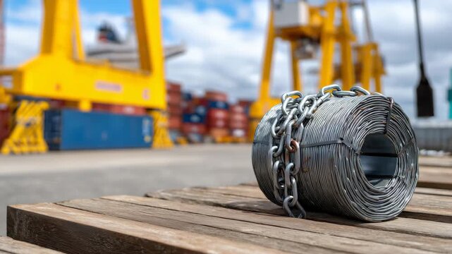 303Macro shot of rolled steel coil surface with rust-resistant sheen, chains and hooks securing cargo visible, industrial transportation realism, reflective metal textures highlighted