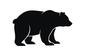 Fototapeta premium Black silhouette of a walking grizzly bear on a white background, illustration of a powerful animal in profile view.