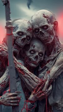 Terrifying bloody zombies huddled together and tied with a red string. Gruesome undead creatures with rotting flesh. Dark horror portrait concept for a scary Halloween or apocalypse