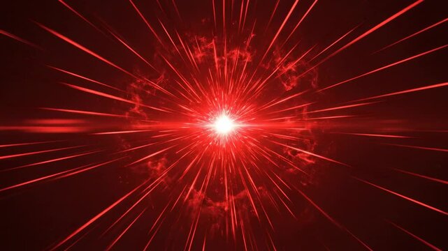 Video of symmetrical red light rays creating powerful radial burst pattern, futuristic energy flare animation, bold motion graphic backdrop for digital media and promo content with concentrated