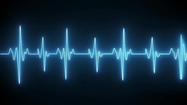 A glowing blue electrocardiogram reading on a dark background screen