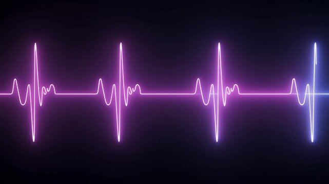 Vibrant purple and blue neon heartbeat lines pulse against a dark background