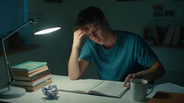 Tired young college student studying late at night under a desk lamp. Exhausted teenager holding his head and reading books while preparing for difficult exams in the dark