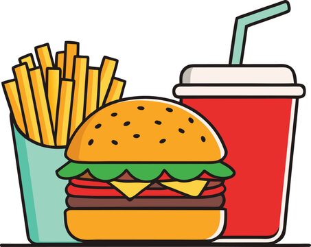 Fast food meal with burger fries and soda on white background