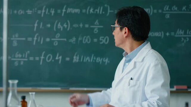 Confident Asian male science teacher pointing at math equations on a chalkboard and giving a thumbs up. Happy professor in a lab coat explaining physics in a university classroom