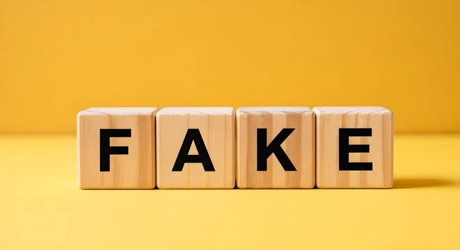 Whisked Away: Wooden Blocks Spelling 'FAKE' Word on Bright Yellow Background