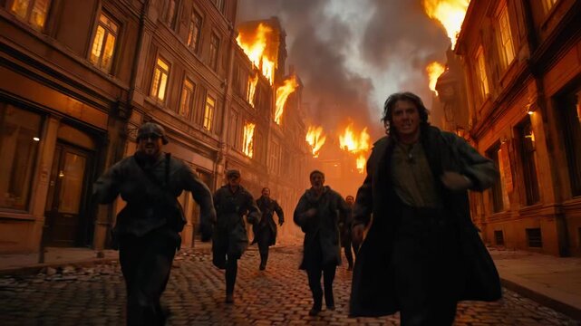 Frightened people running away from a burning city street in a historical wartime setting. Desperate citizens escaping fire and destruction during apocalyptic urban warfare