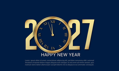 2027 happy new year greeting card template design with golden number and clock illustration.