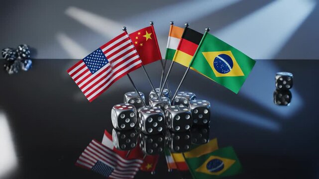 Video of International Market Risk Metaphor with flags and dice highlighting financial forecasting, geopolitical tension and cross-border commerce concept for editorial and marketing content; overhead