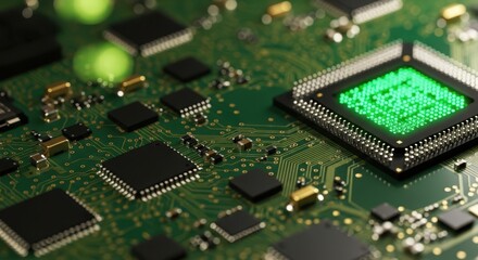 Obraz premium A closeup view of a complex green circuit board with glowing green microchips and intricate pathways, representing advanced technology and digital innovation