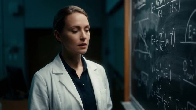 Intelligent female scientist in a white lab coat analyzing complex physics equations on a blackboard. Smart woman professor looking at mathematical formulas in a university class