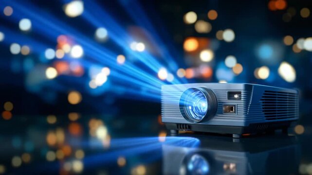 356Extreme close-up of projector lens emitting vivid blue beam, modern device on glass table, light reflecting off surface, focus on lens and casing details, indoor display and presen