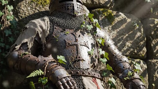 Ancient Rusted Knight Armor Overgrown with Ivy in Ruins