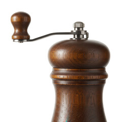 Close up of a wooden pepper grinder isolated on transparent background