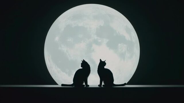 Silhouette of two black cats sitting together and looking at a giant full moon in the dark night sky. Romantic feline couple or spooky Halloween background concept with copy space