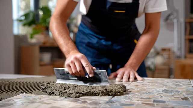 379Tile worker laying gray ceramic tiles, spreading mortar with notched trowel, precise alignment of large tiles, indoor home renovation scene, repair and interior improvement concept