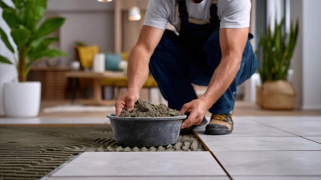 388Craftsman installing gray ceramic tiles on living room floor, mortar, trowel, and spacers visible, home renovation scene, professional floor installation, realistic natural lightin
