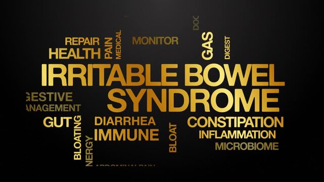 Irritable bowel syndrome IBS concept Animated Tag Word Cloud kinetic typography, Text Design Animation typography seamless loop video motion graphics Intro Wordart golden type on black background bg