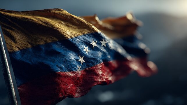 Venezuela national flag waving with rough texture, symbolizing national pride, patriotism, south america, democracy, freedom, and identity against a dramatic sky