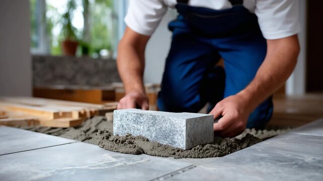 403Person smoothing tile adhesive on floor, gray cement mortar, hands and trowel in focus, indoor home improvement or renovation project, building preparation and construction concept