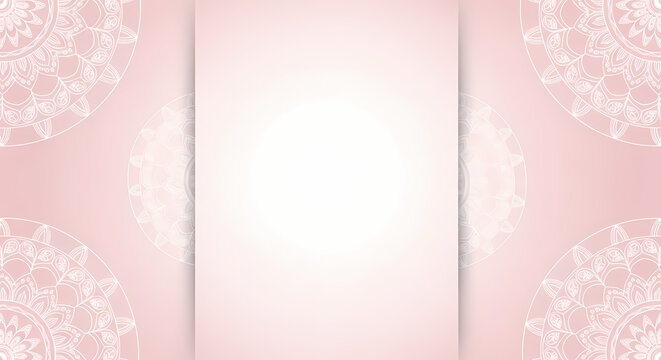 A gentle pink background showcases faint white mandala patterns on its sides, bordering a bright central vertical panel.