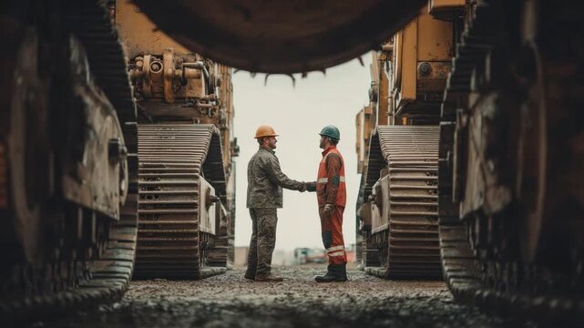 Construction Deal: Two construction workers sealing a deal with a handshake amid heavy machinery, symbolizing collaboration, agreement, and partnership within the industrial setting.