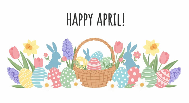 Colorful easter basket with eggs and flowers happy april greeting card springtime celebration