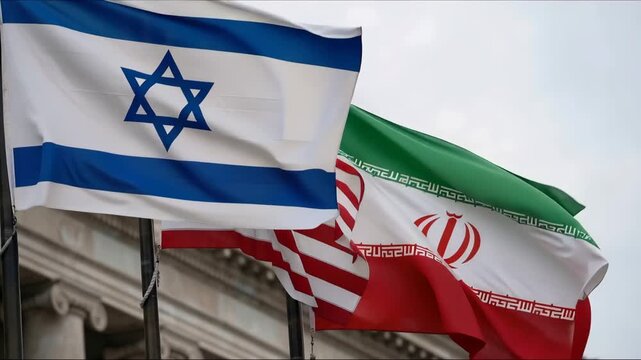 Close up of Israel, US and Iran flags with wind movement, international relations concept