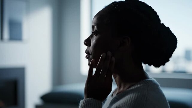 Dental Pain Awareness Scene featuring a minimal side-profile silhouette of an adult woman in a softly lit interior, subtle gesture of fingers placed near the cheek suggesting tooth sensitivity, no